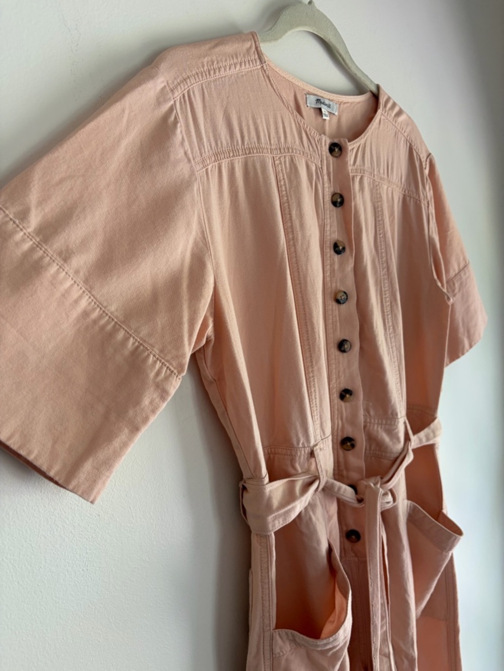 Madewell Pale Peach Button Front Belted Cropped Jumpsuit Size 4 - Picture 2 of 7